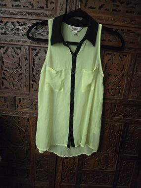 Decree Neon Yellow Sleeveless Blouse with Black Collar